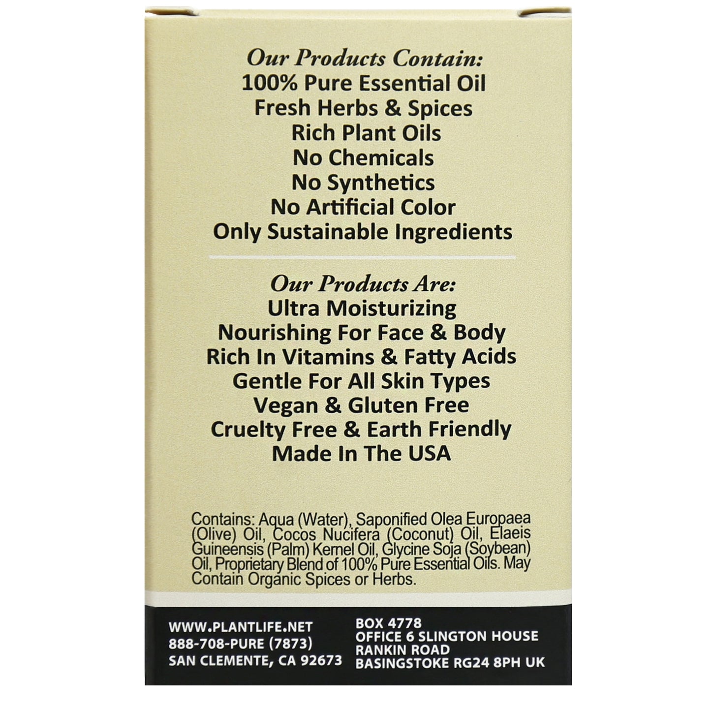 Back of Plantlife Cedarwood Herbal Soap highlighting ingredients and essential oil content