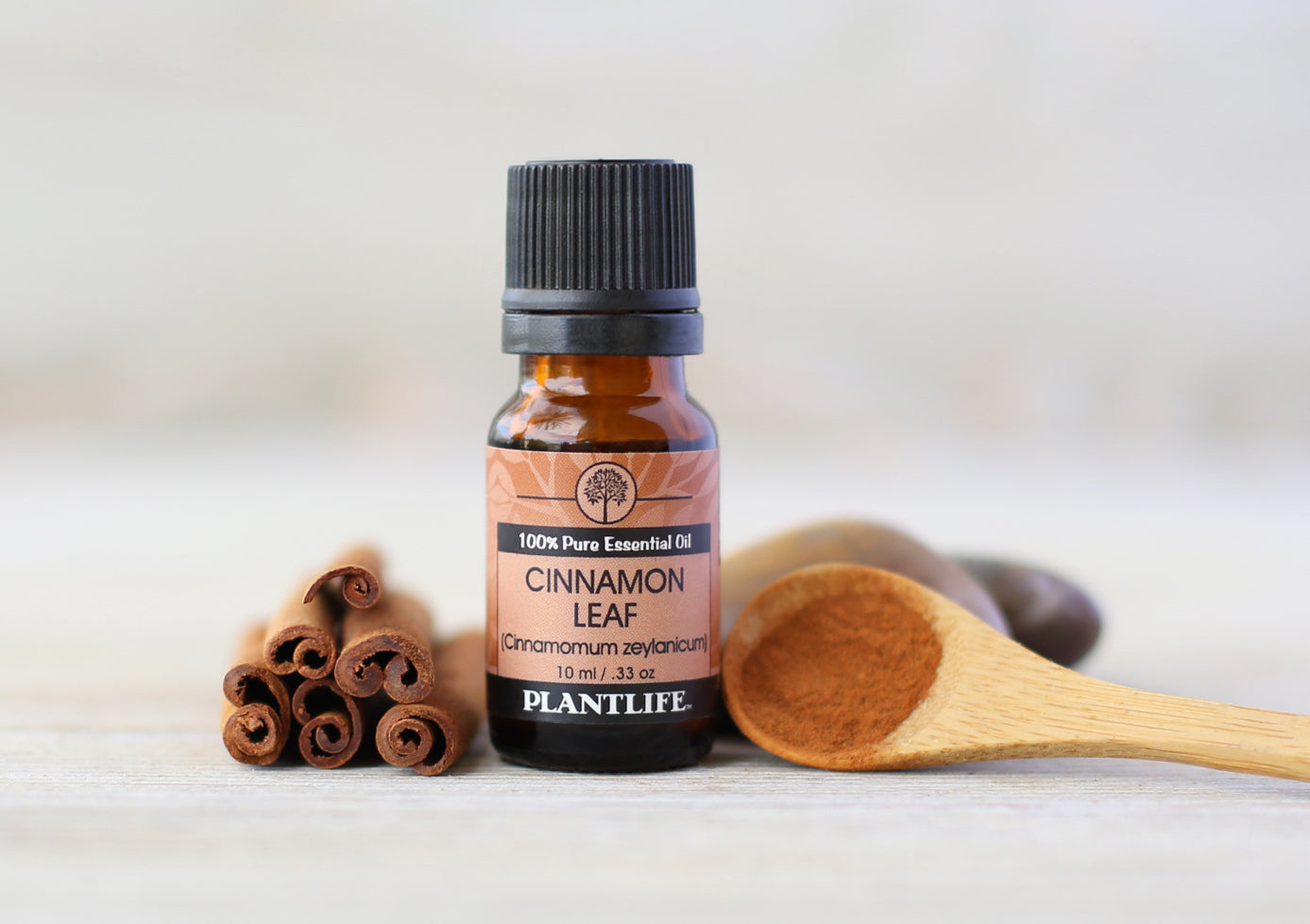 Plantlife Cinnamon Leaf Essential Oil bottle cropped with warm spice notes