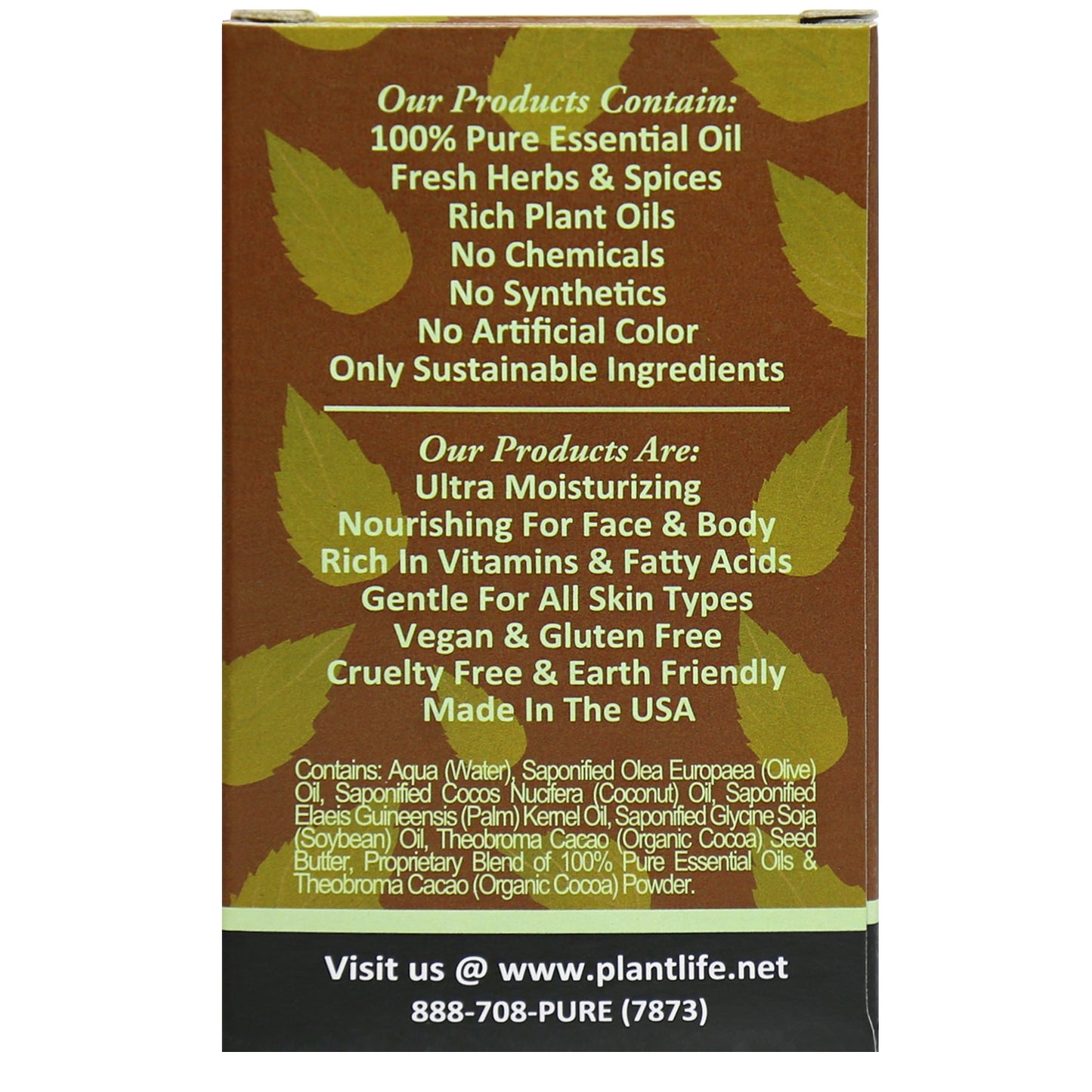 Back image of Plantlife Cocoa Mint Herbal Soap with full ingredients list and usage instructions