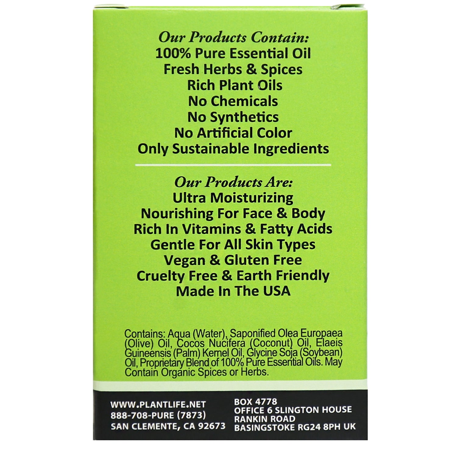 Back of Plantlife Coconut Lime Herbal Soap showing label, natural ingredients, and company branding