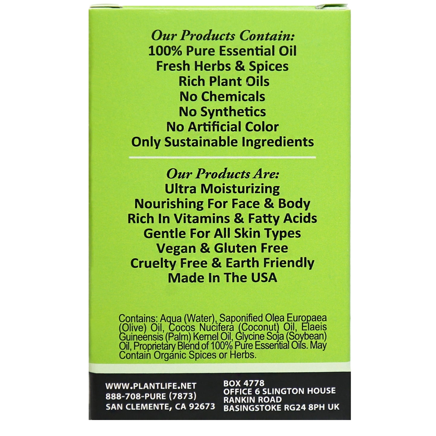Back of Plantlife Coconut Lime Herbal Soap showing label, natural ingredients, and company branding