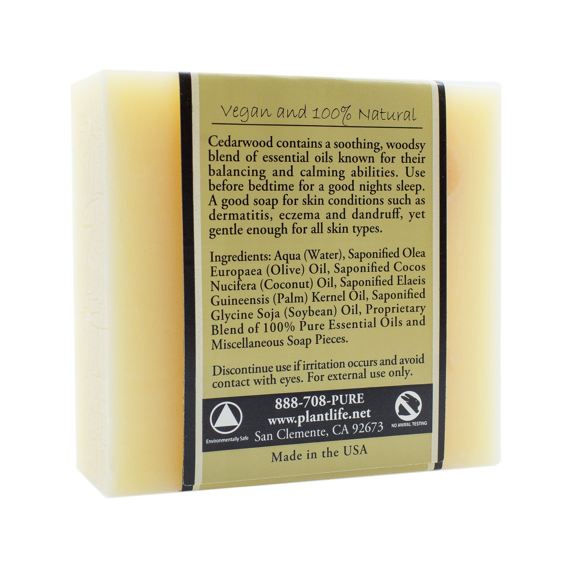 Back of Plantlife Cedarwood Aromatherapy Herbal Soap bar showing ingredients, usage directions, and product benefits; describes calming properties and suitability for skin conditions.