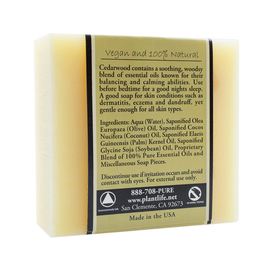 Back of Plantlife Cedarwood Aromatherapy Herbal Soap bar showing ingredients, usage directions, and product benefits; describes calming properties and suitability for skin conditions.