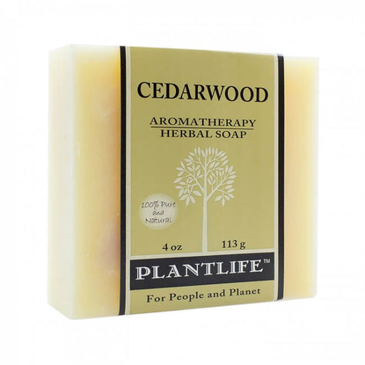 Plantlife Cedarwood Aromatherapy Herbal Soap bar, 4 oz (113 g), labeled as 100% pure and natural, with tree logo and beige label design.