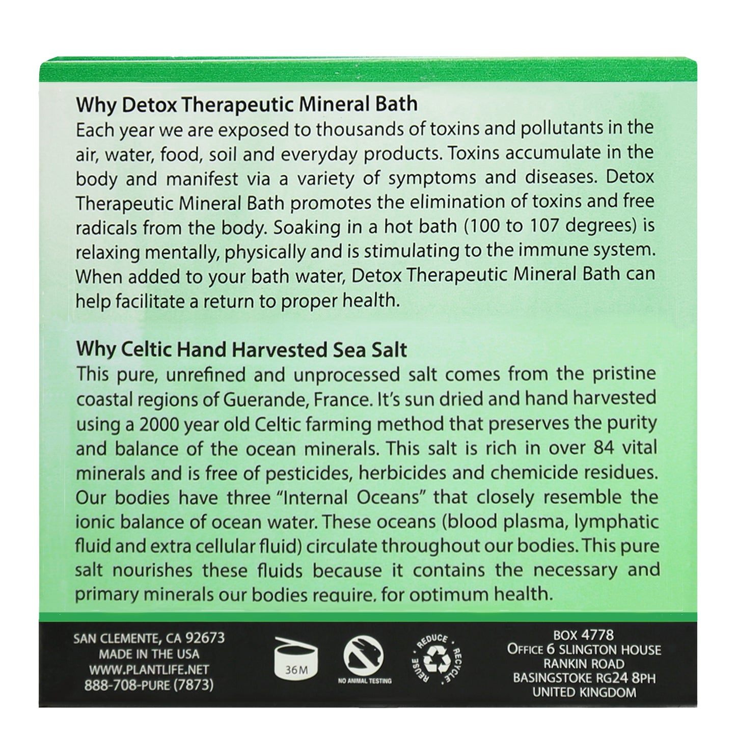 Back of Plantlife Detox Mineral Bath packaging with detox benefits and Celtic sea salt origin and mineral content information