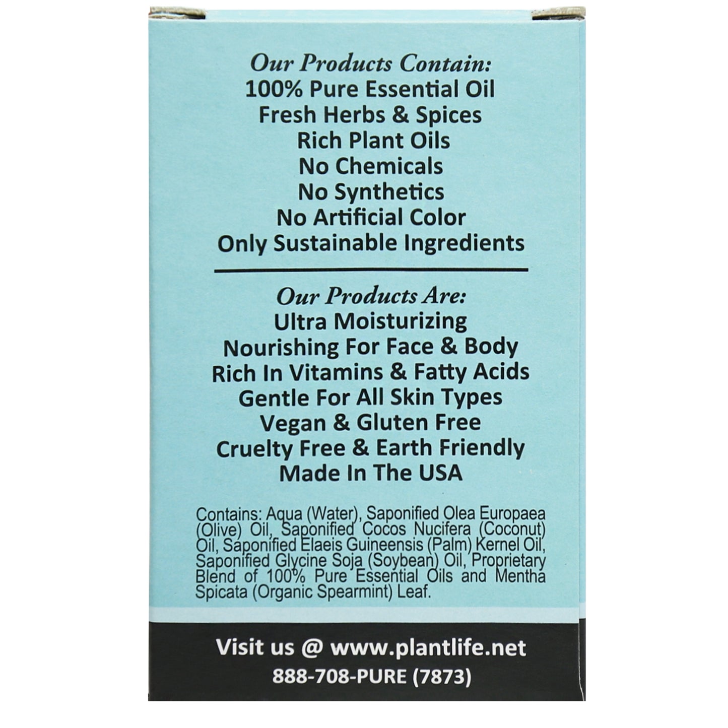 Plantlife Double Mint Soap back view with peppermint and spearmint oil ingredients and directions