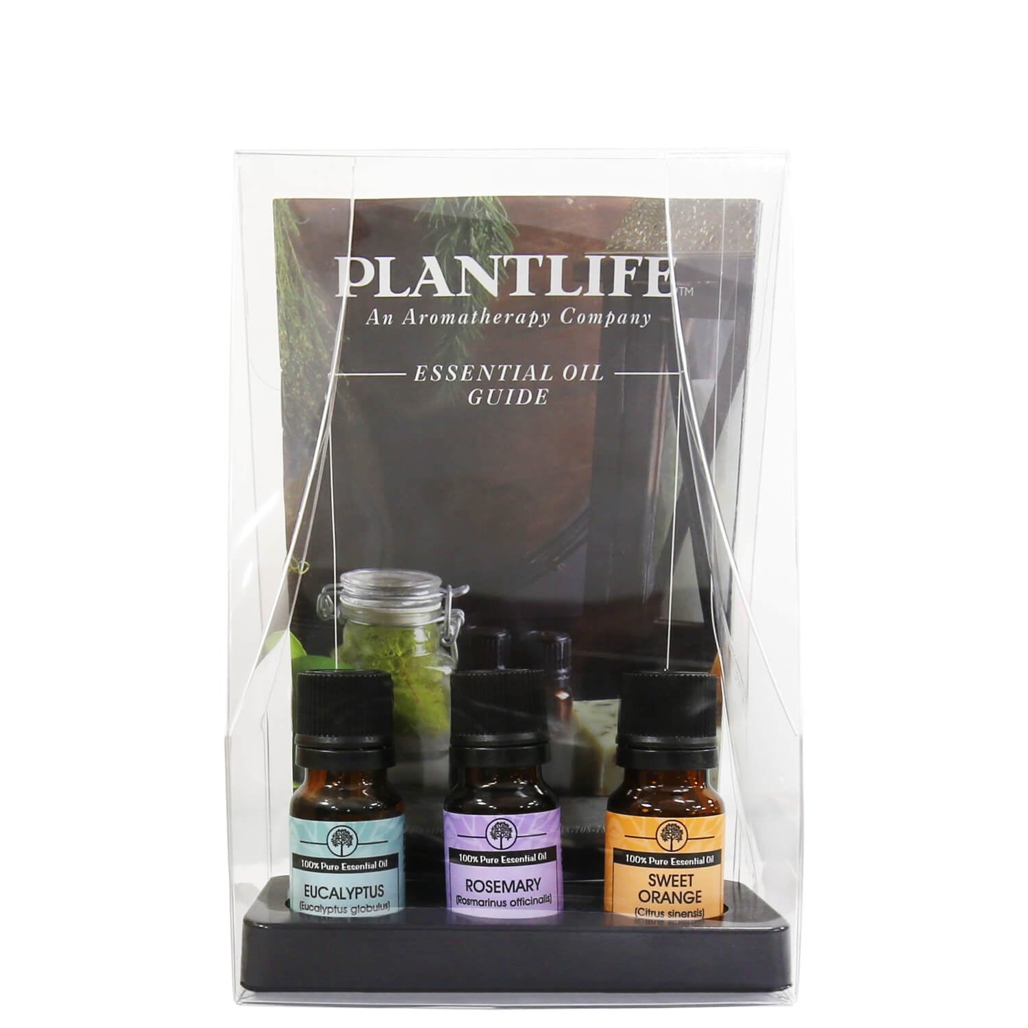Plantlife Essential Oil Guide Kit with 10ml bottles of Eucalyptus, Rosemary, and Sweet Orange essential oils in a clear display case