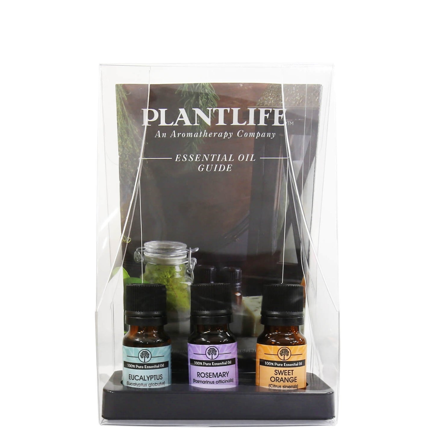 Plantlife Essential Oil Guide Kit with 10ml bottles of Eucalyptus, Rosemary, and Sweet Orange essential oils in a clear display case