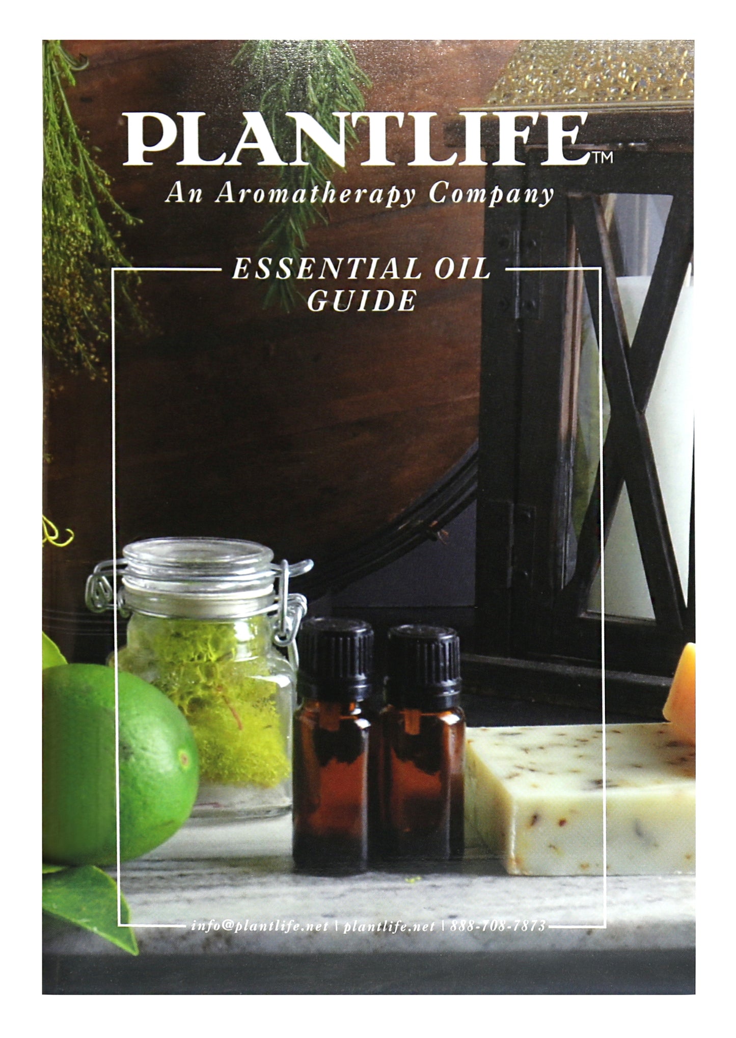 Cover of the Plantlife Essential Oil Guide featuring amber glass essential oil bottles, a lime, soap bar, and a glass jar with moss, arranged on a rustic wooden surface.