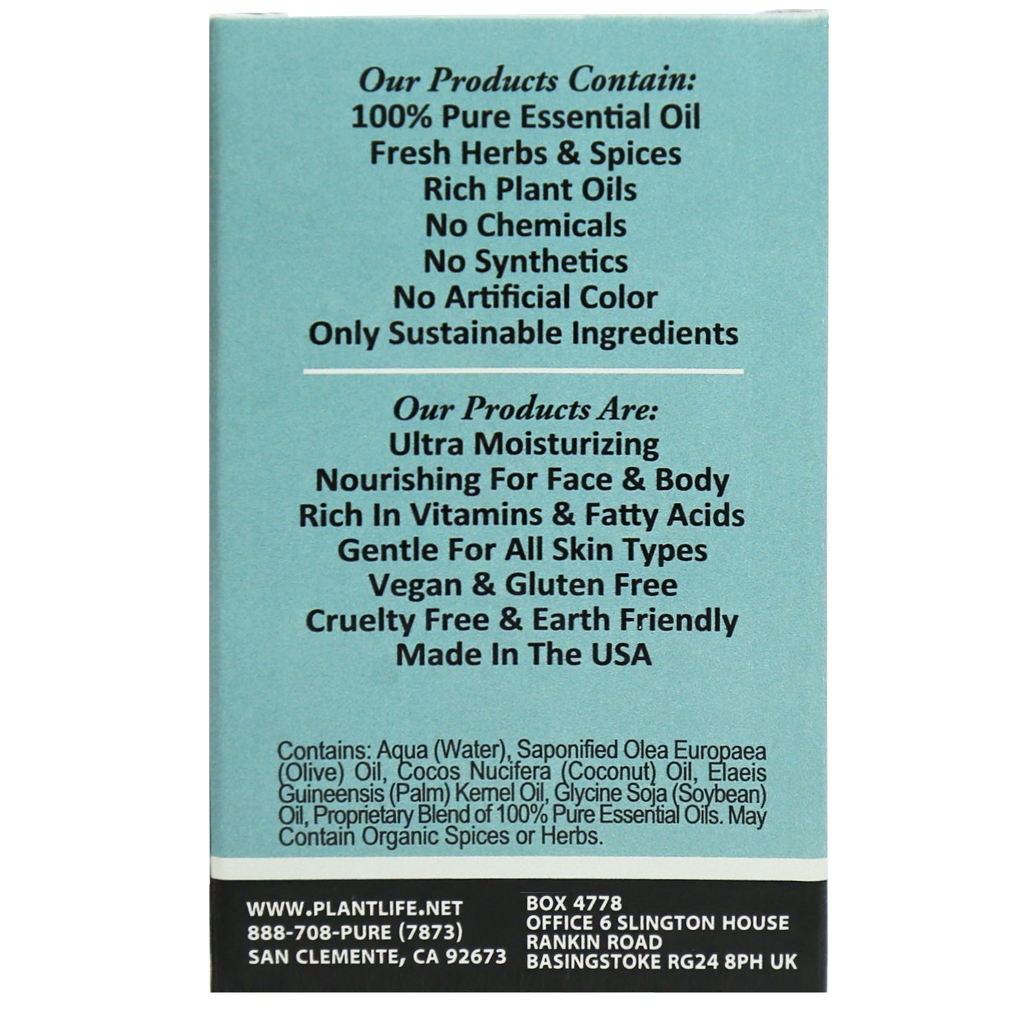 Back of Plantlife Eucalyptus Herbal Soap featuring ingredient panel and aromatherapy details