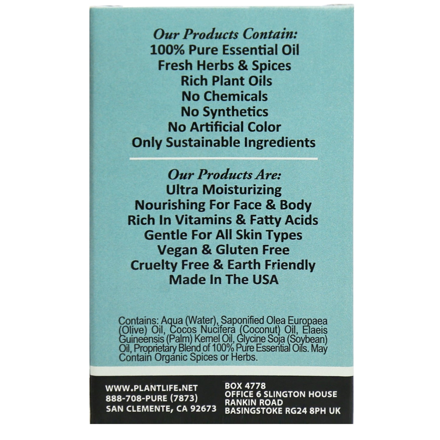 Back of Plantlife Eucalyptus Herbal Soap featuring ingredient panel and aromatherapy details