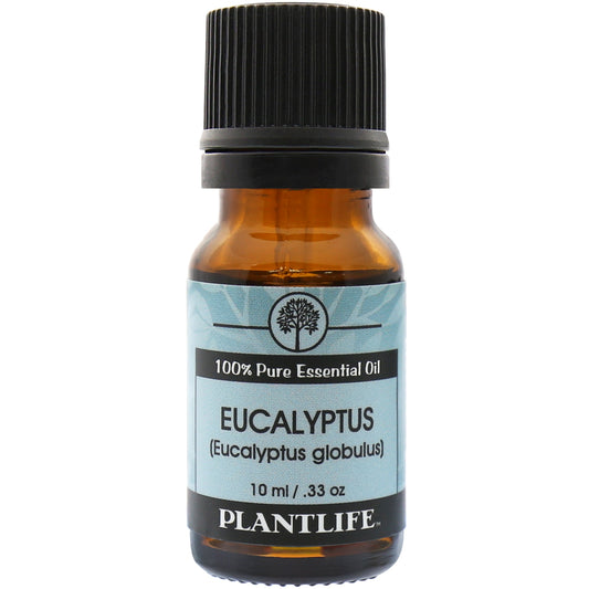 Plantlife Eucalyptus Essential Oil bottle with sharp, camphor scent