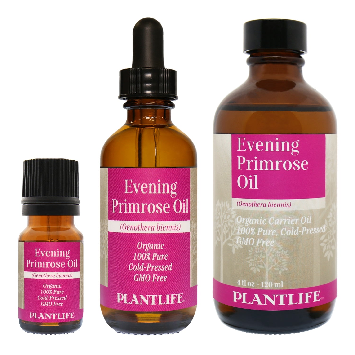 Amber glass bottle of 100% pure Evening Primrose Oil by Plantlife