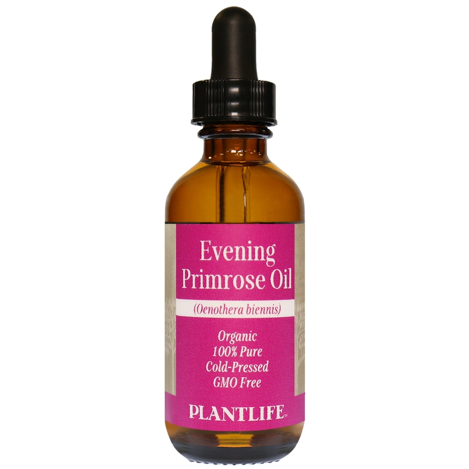 Amber glass bottle of 100% pure Evening Primrose Oil by Plantlife