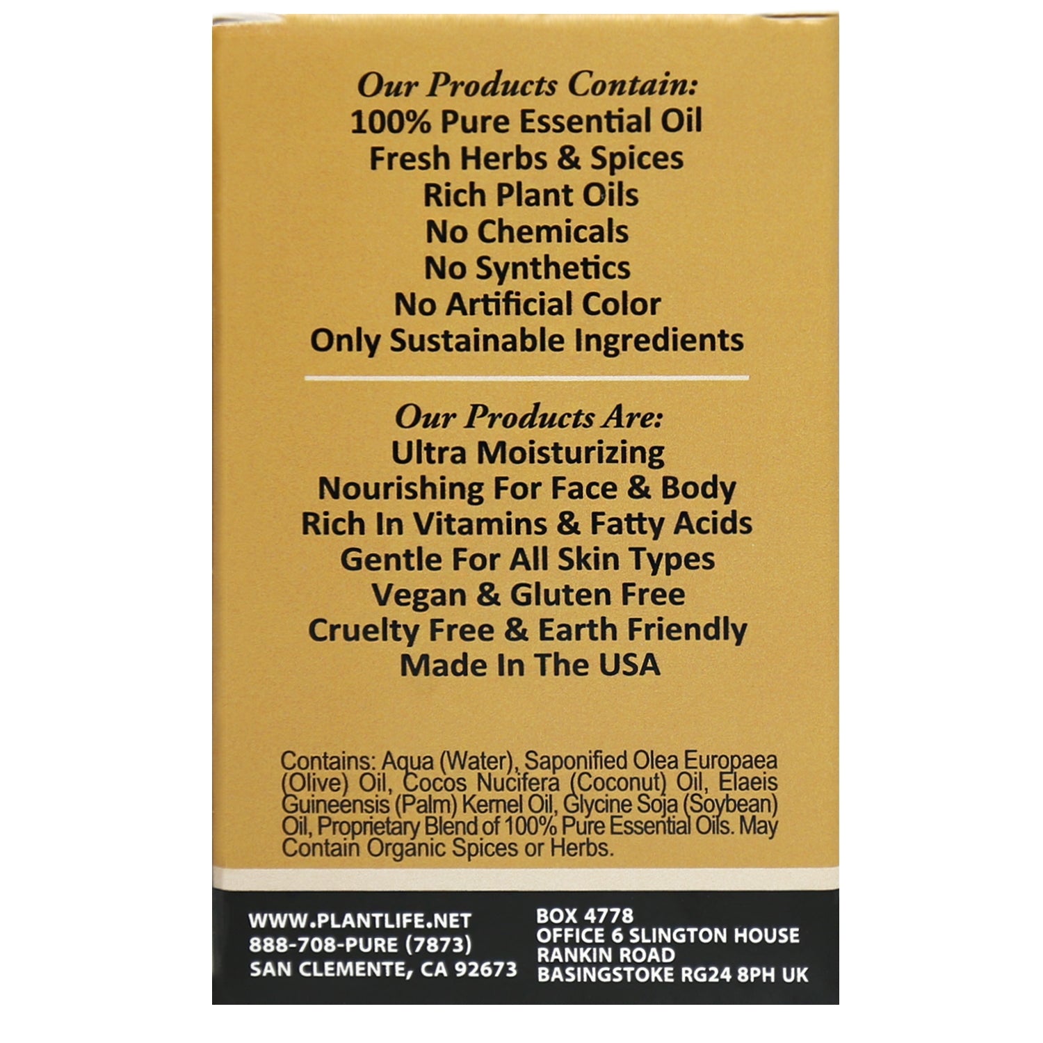 Back label of Plantlife Frankincense Myrrh Soap with natural oil blend and product benefits