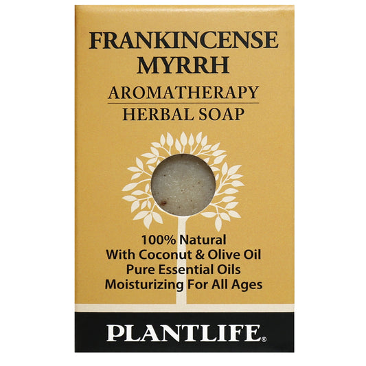 Plantlife Frankincense and Myrrh Herbal Soap Bar with warm, resinous essential oils and skin-loving natural botanicals