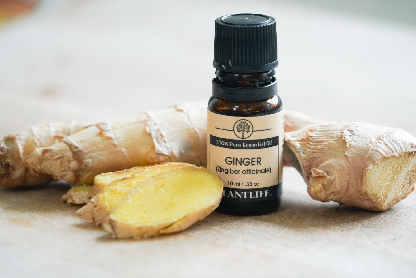 Plantlife Ginger Essential Oil bottle with sliced root background