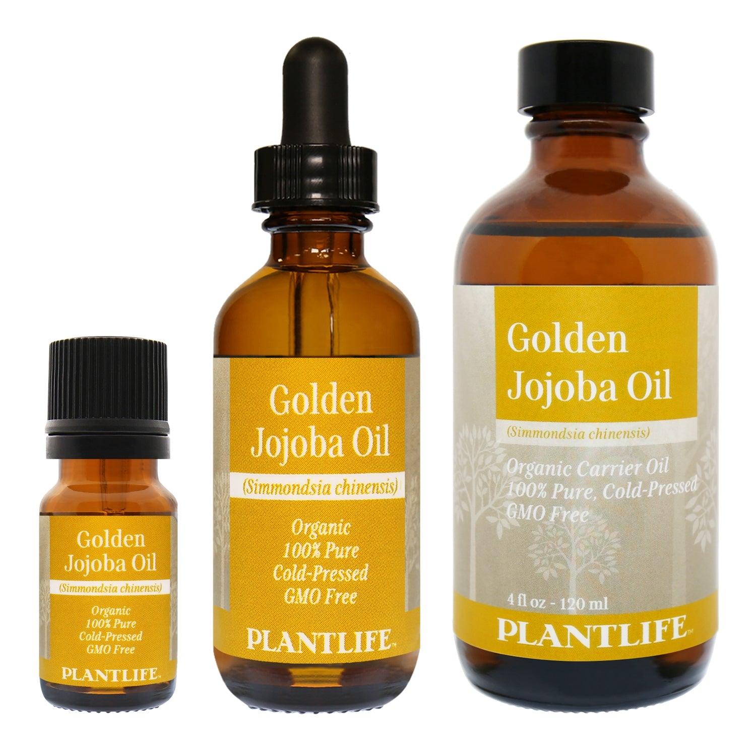Amber glass bottle of 100% pure Golden Jojoba Oil by Plantlife