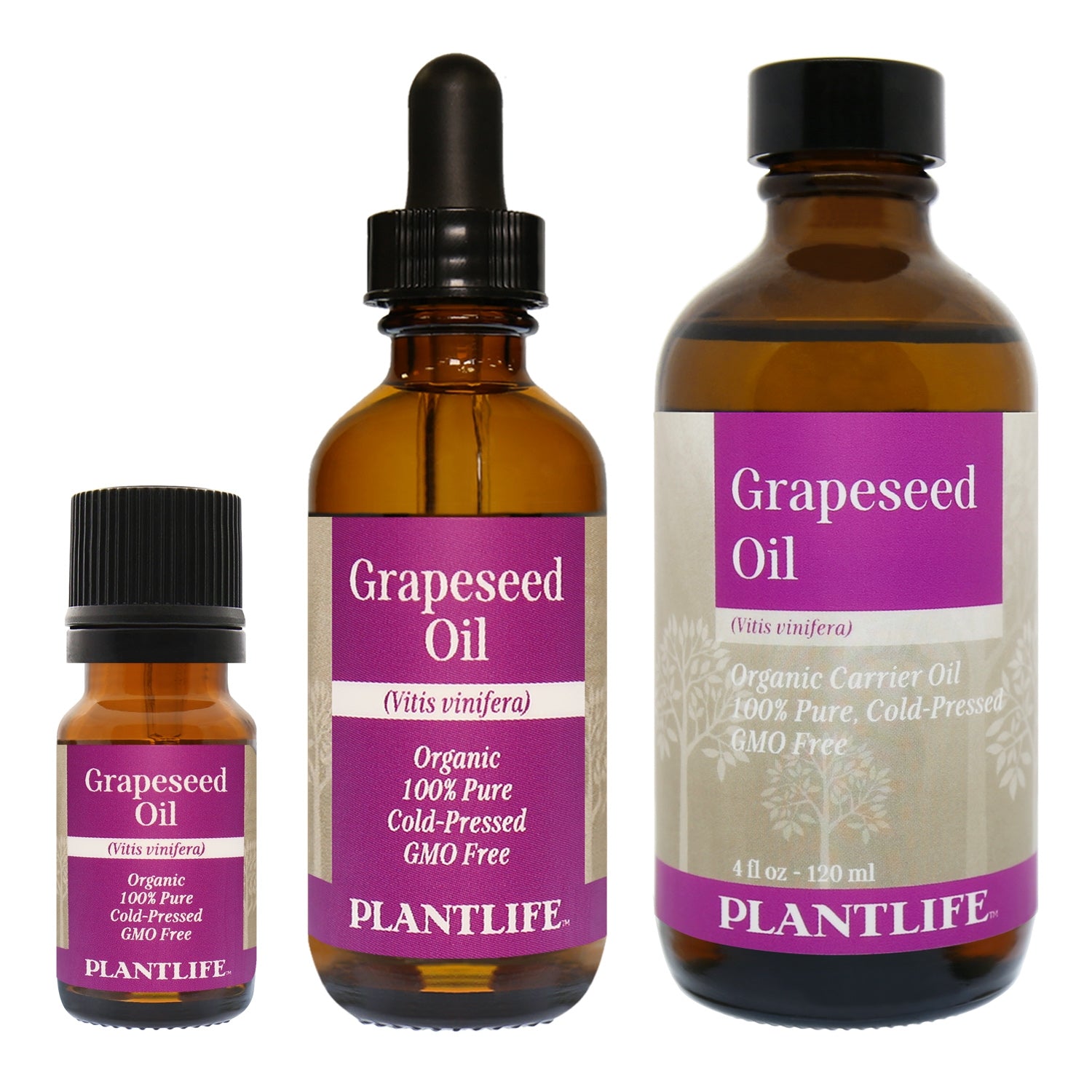 Amber glass bottle of 100% pure Grapeseed Oil from Plantlife