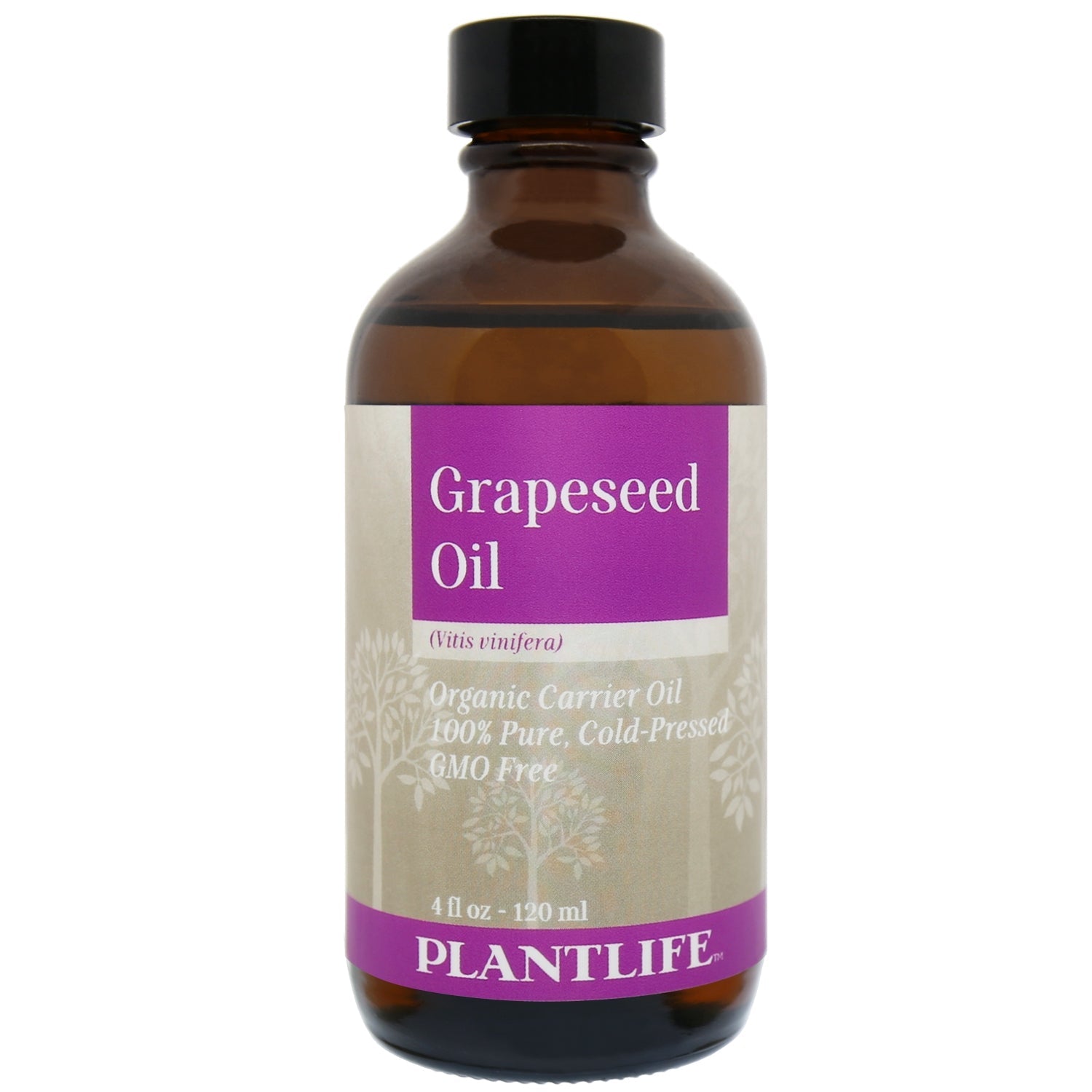 Amber glass bottle of 100% pure Grapeseed Oil from Plantlife