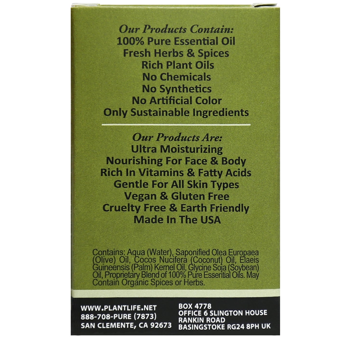 Back of Plantlife Green Tea Herbal Soap displaying ingredients and soothing botanicals