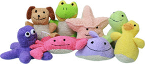 Assorted Plantlife animal-shaped bath scrubbies including dog, frog, starfish, duck, crab, octopus, and whale in soft pastel colors