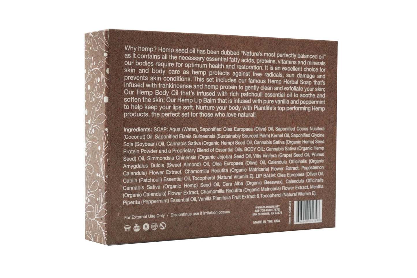 Back of Plantlife Hemp Body Set packaging showing ingredients and product details for hemp herbal soap, body oil, and lip balm with organic hemp and botanicals.
