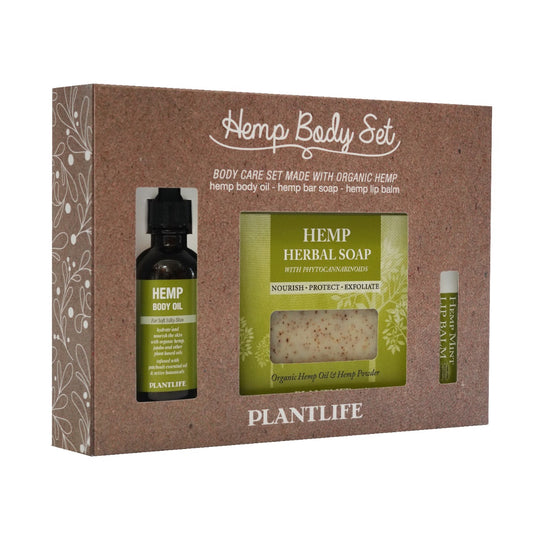 Plantlife Hemp Body Set featuring a hemp body oil, herbal soap with organic hemp, and a hemp mint lip balm in a natural kraft gift box.