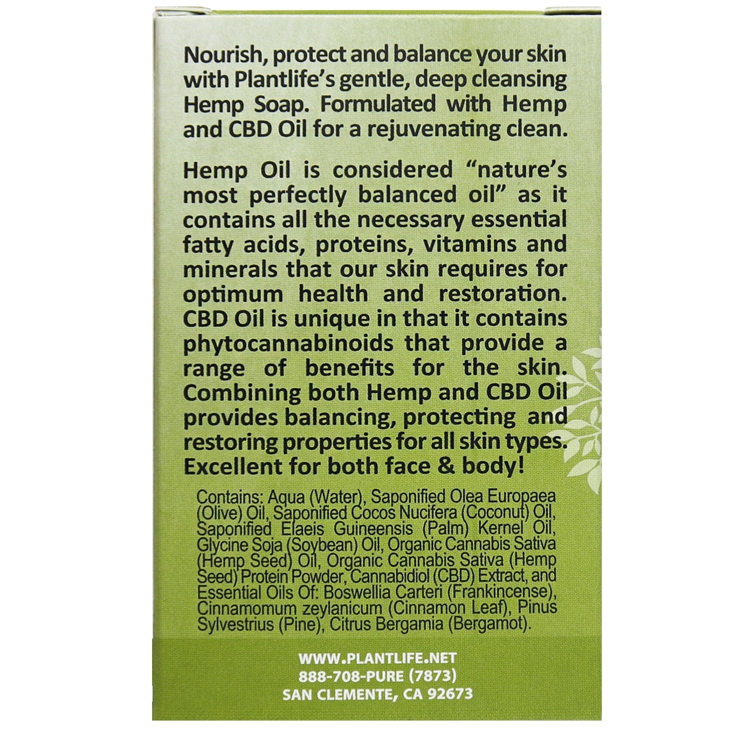 Plantlife Hemp Herbal Soap back image with hemp oil content and moisturizing ingredient list