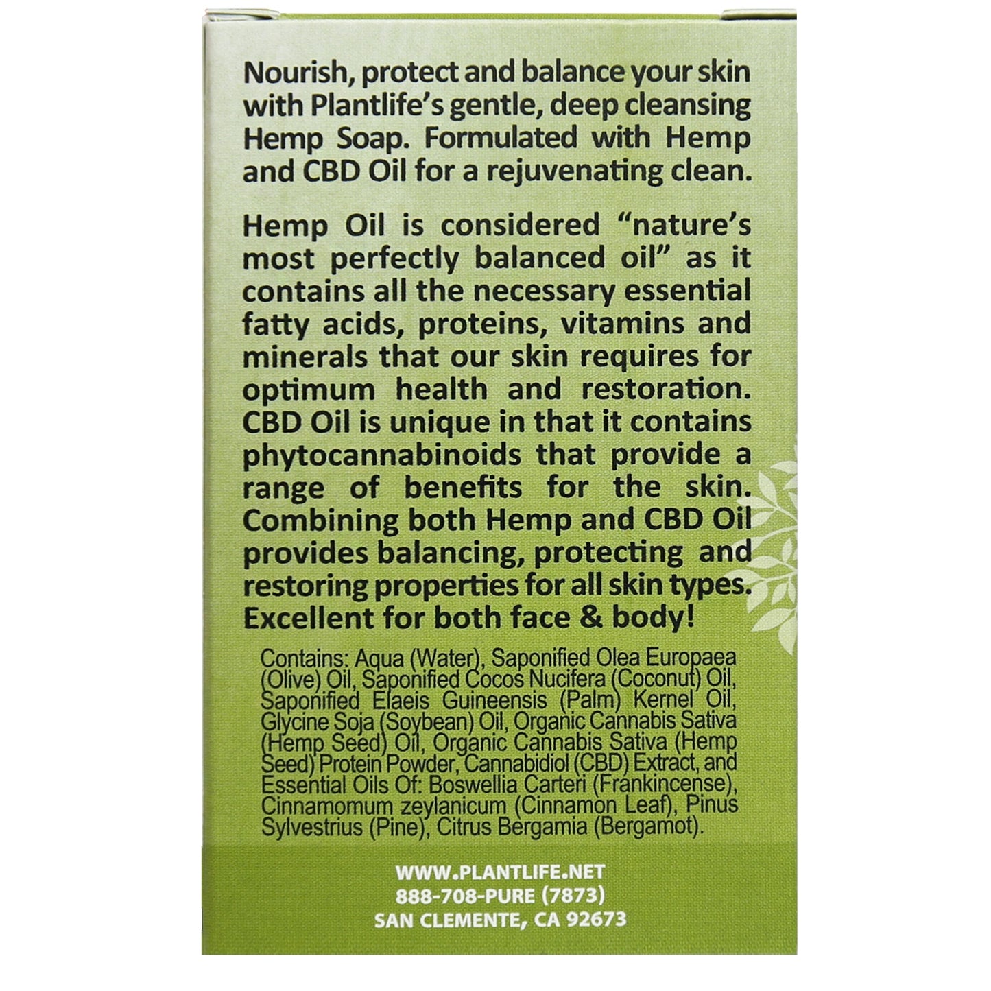 Plantlife Hemp Herbal Soap back image with hemp oil content and moisturizing ingredient list