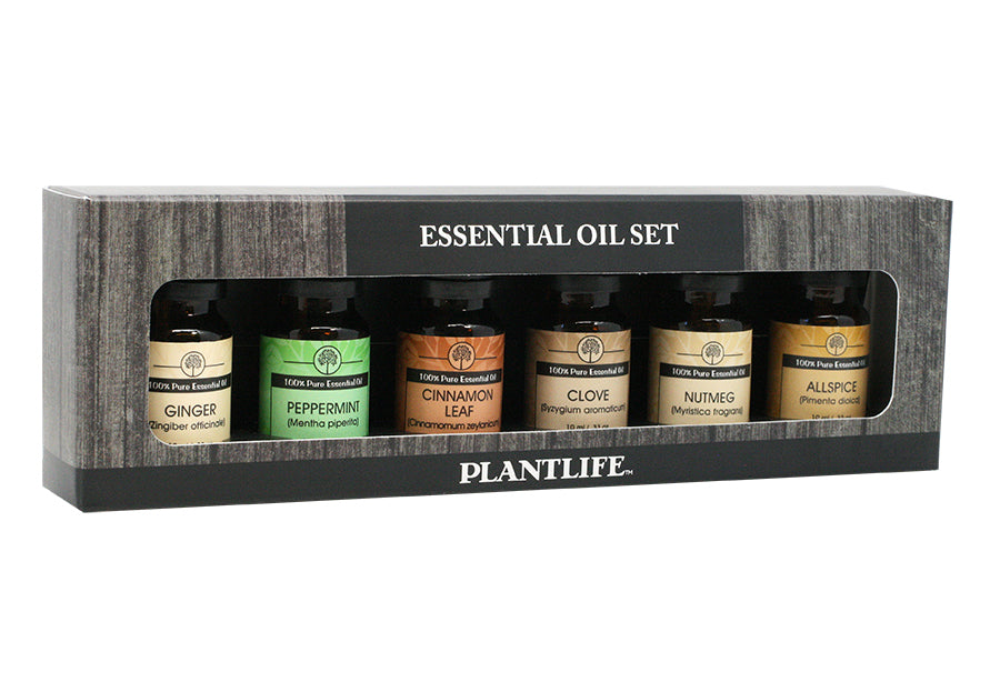 Plantlife boxed Holiday Essential Oil Set with red and green seasonal labels