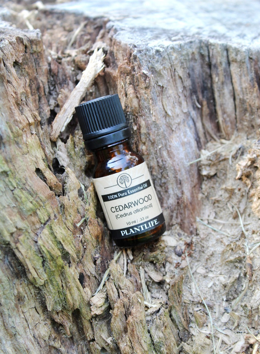 Plantlife Cedarwood Essential Oil bottle on natural wood background