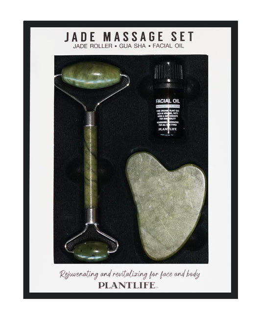 Plantlife Jade Massage Set with facial oil, gua sha, and jade roller for rejuvenating skin