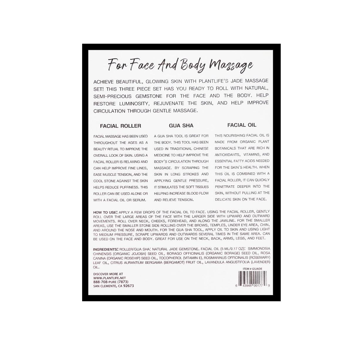 Back of Plantlife Jade Massage Set packaging showing facial roller, gua sha, and facial oil benefits, directions, and ingredients