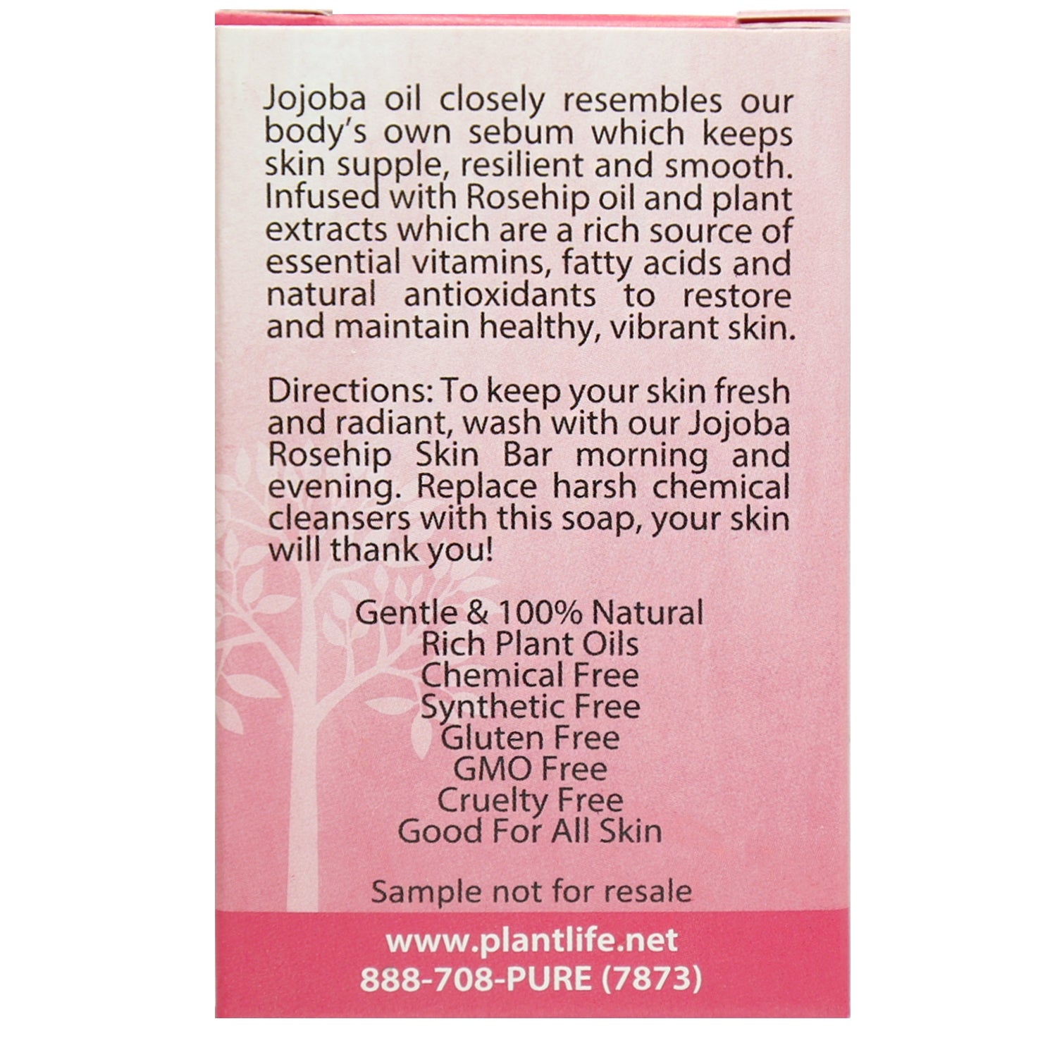 Back label of Plantlife Jojoba Rosehip Herbal Soap showing essential oils and skin benefits