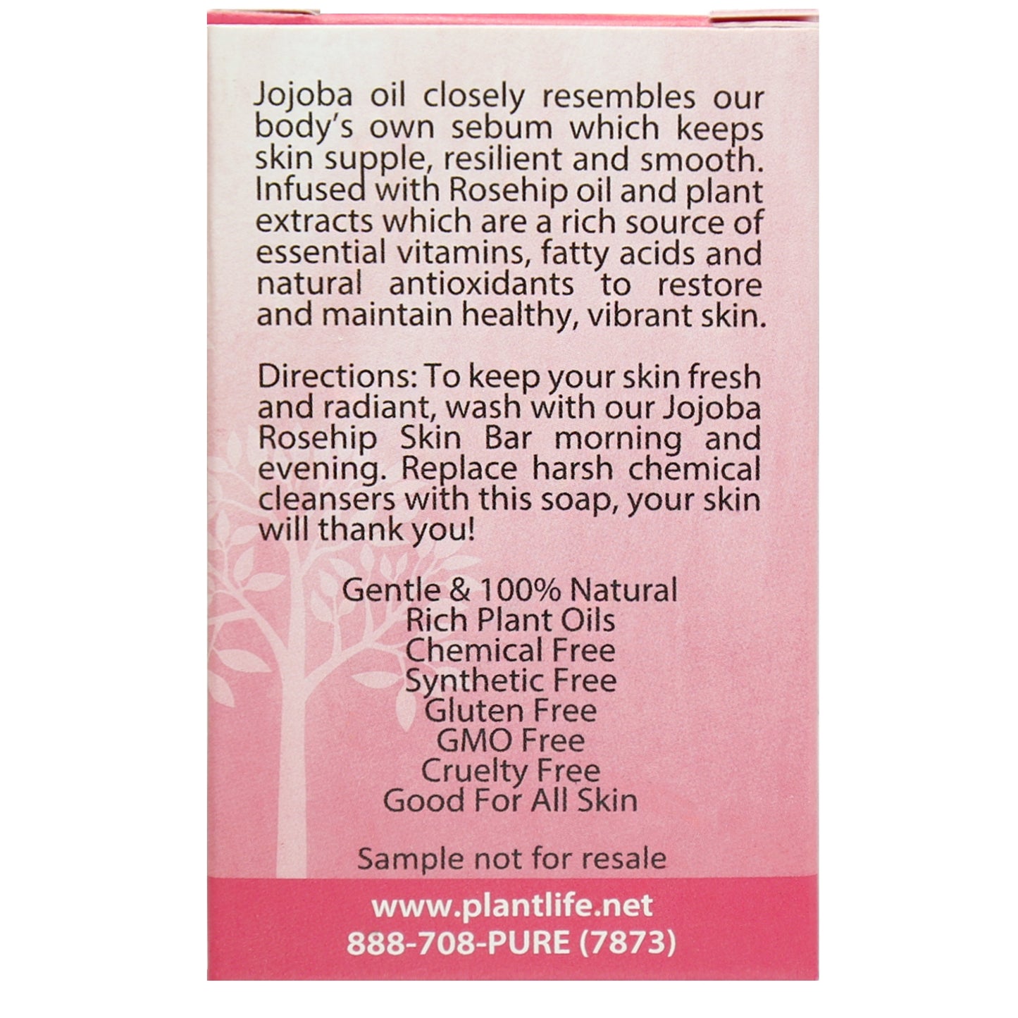 Back label of Plantlife Jojoba Rosehip Herbal Soap showing essential oils and skin benefits
