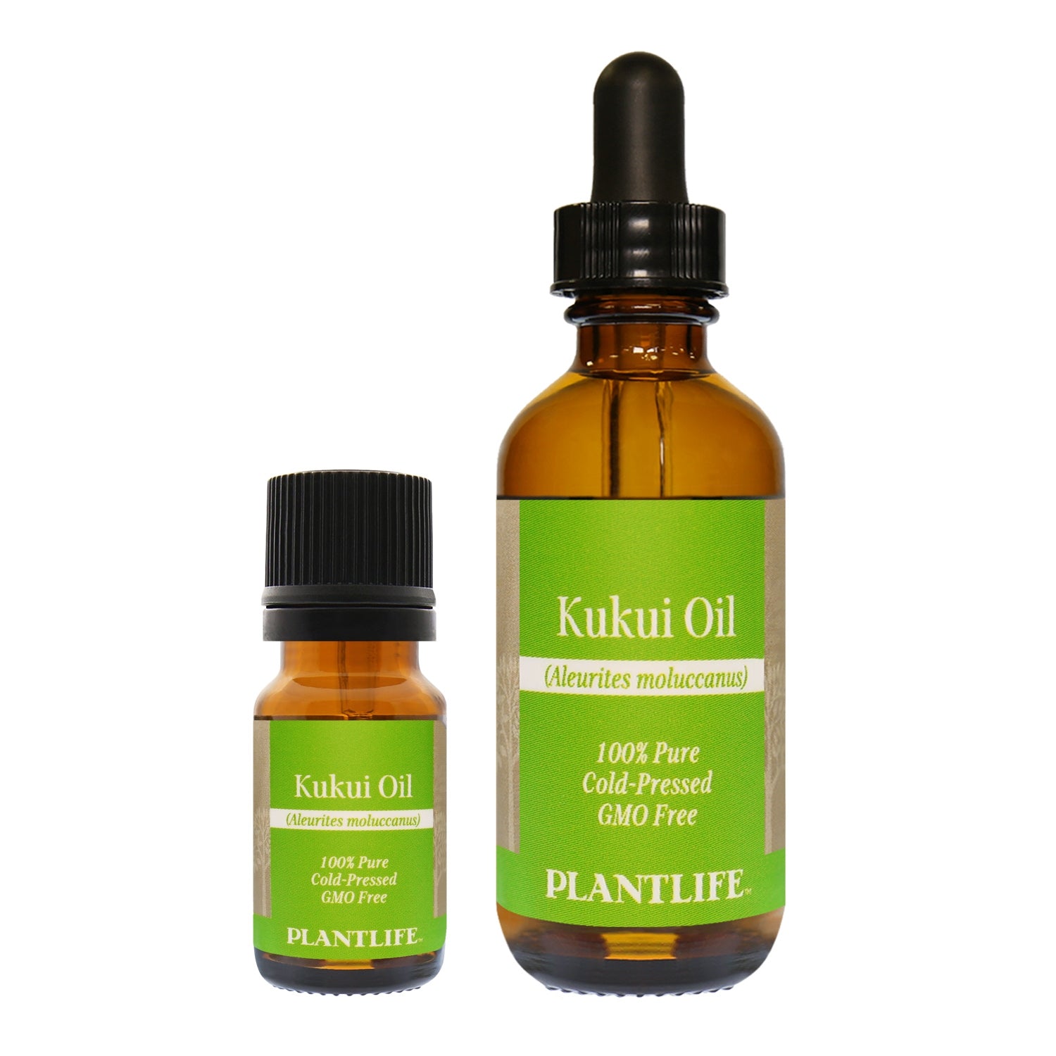 Amber glass bottle of 100% pure Kukui Oil by Plantlife