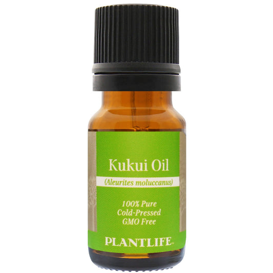 Amber glass bottle of 100% pure Kukui Oil by Plantlife