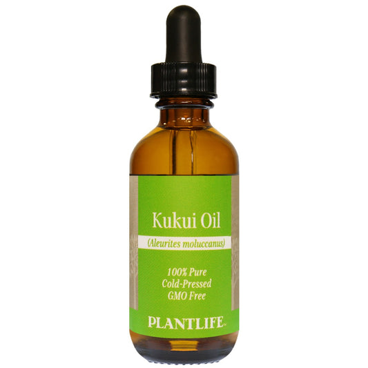 Amber glass bottle of 100% pure Kukui Oil by Plantlife