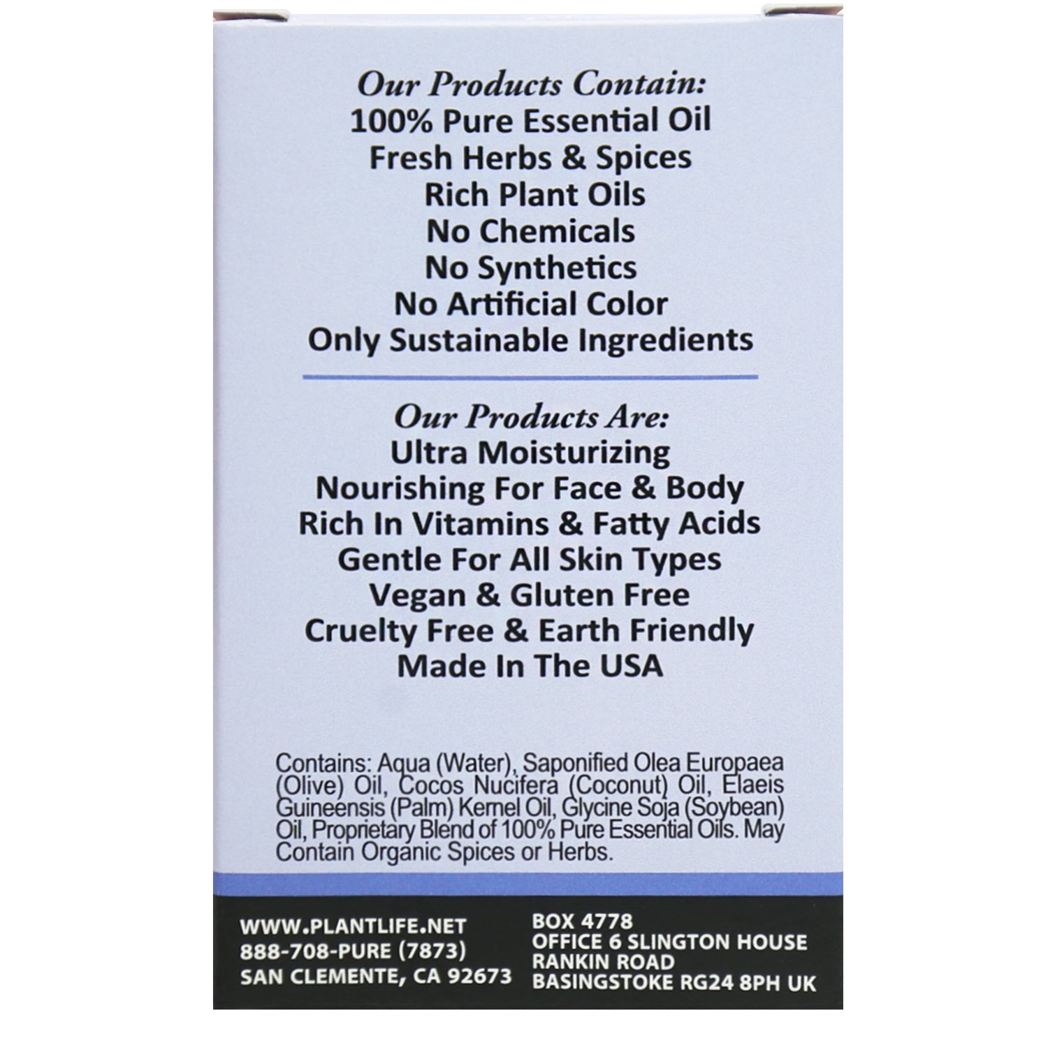 Back of Plantlife Lavender Herbal Soap detailing calming lavender oil and ingredient list