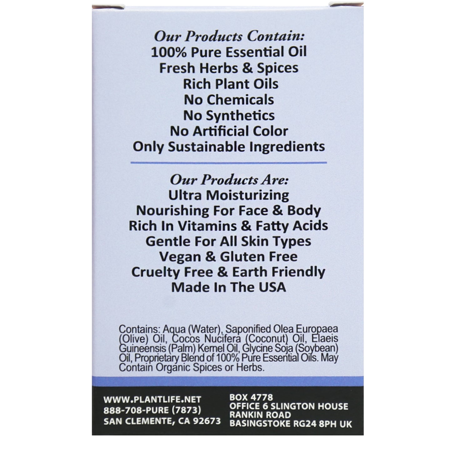 Back of Plantlife Lavender Herbal Soap detailing calming lavender oil and ingredient list