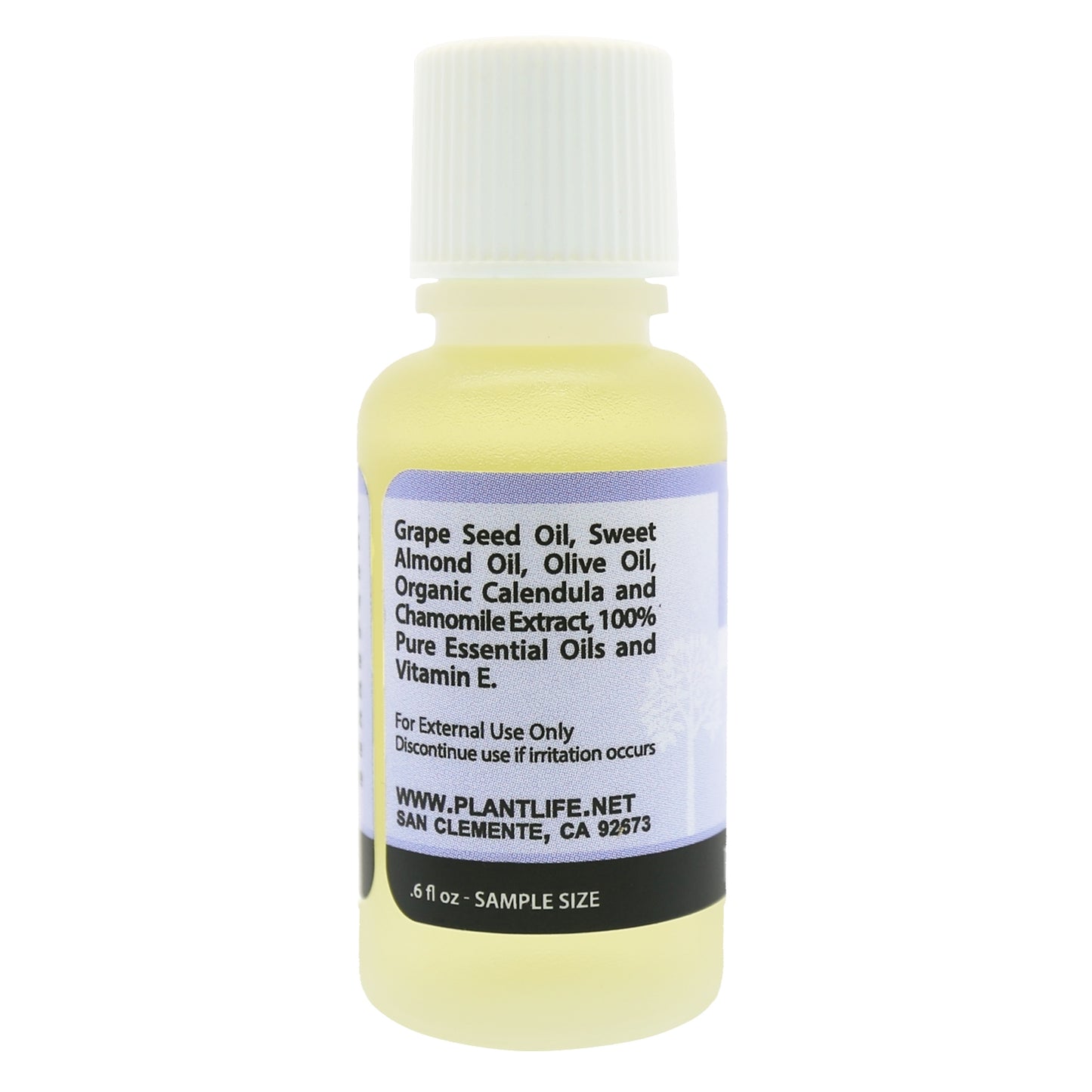 Back of Plantlife Lavender travel size massage oil showing full ingredient list and label information.