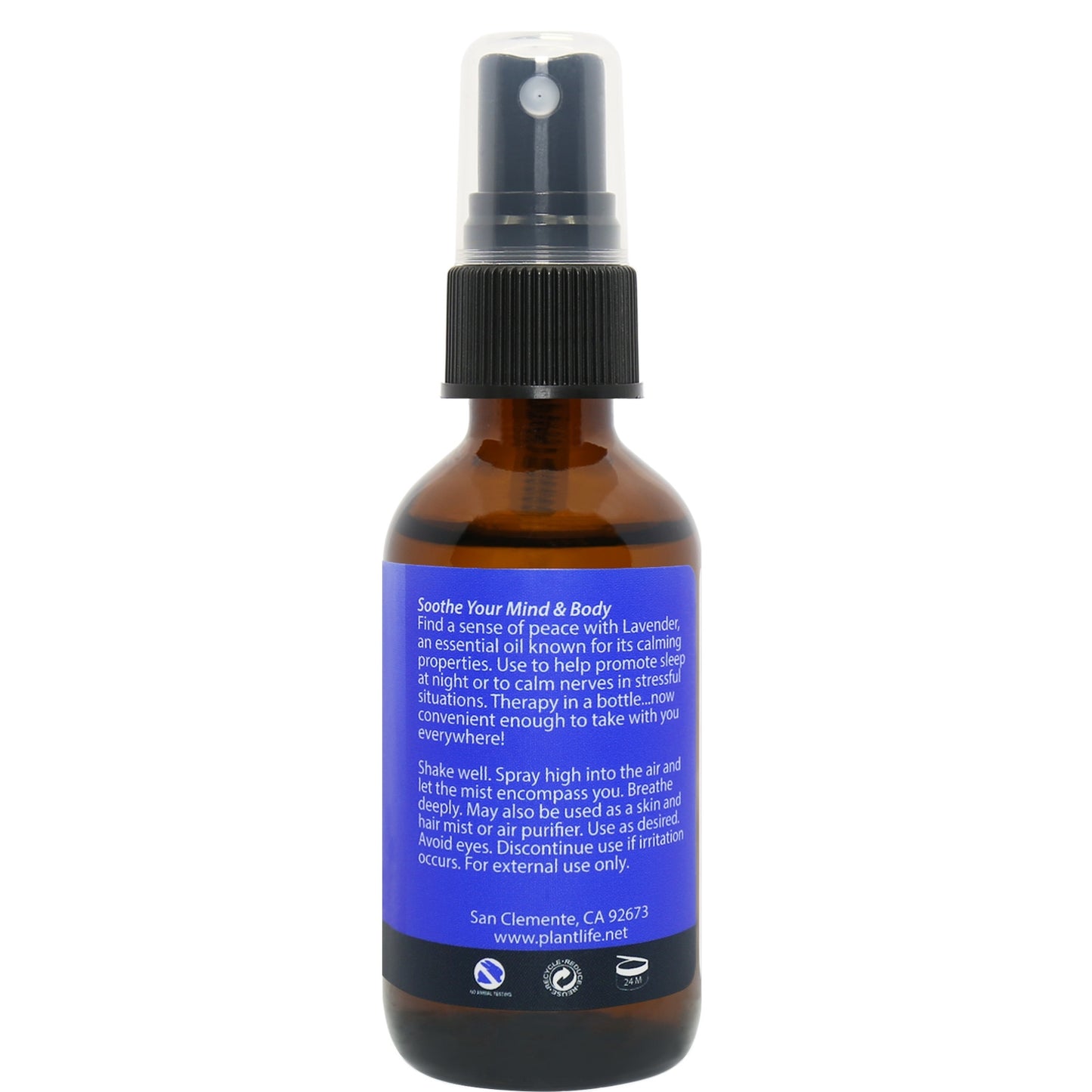 Lavender Essential Oil Mist back of bottle with calming benefits and blend info
