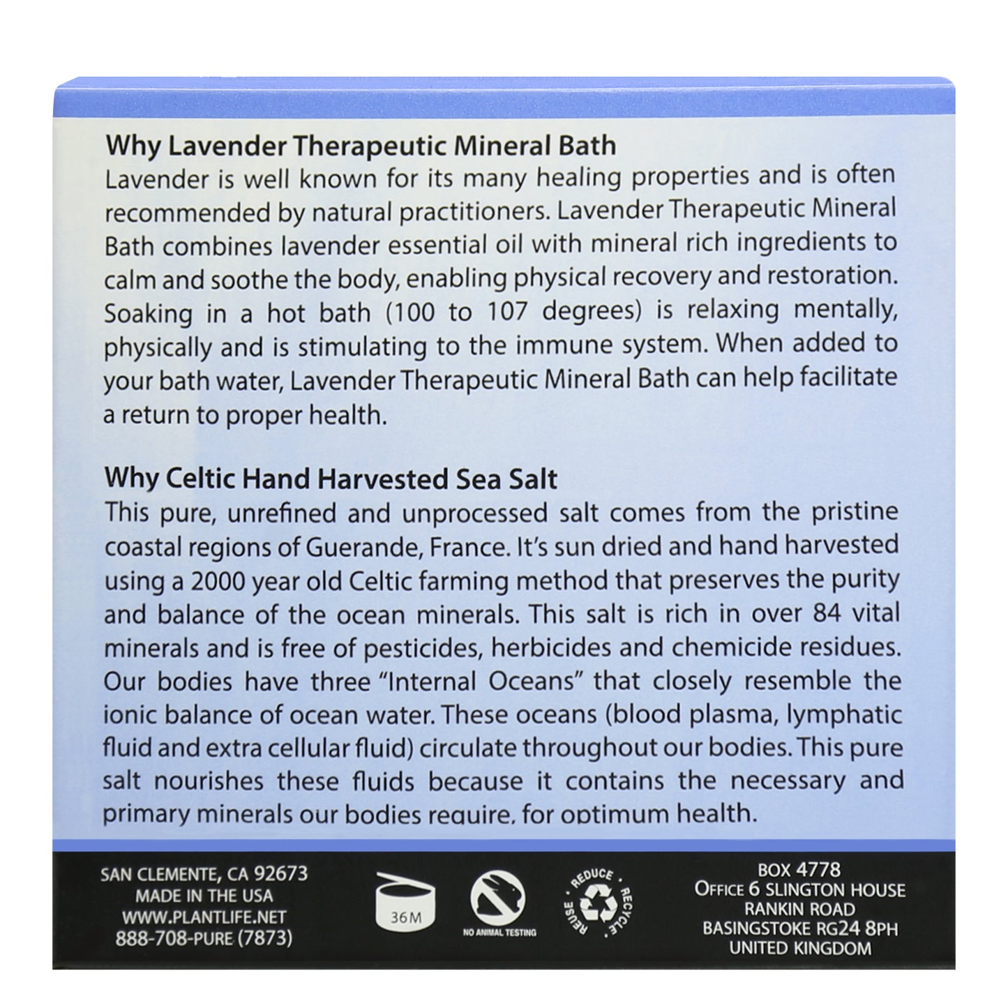 Back of Plantlife Lavender Mineral Bath packaging with lavender essential oil benefits and details on Celtic sea salt mineral content