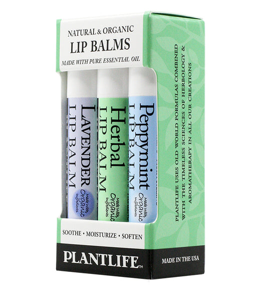 Plantlife Lip Balm 3-Pack – Lavender, Herbal, and Peppermint natural lip balms made with organic ingredients and essential oils.