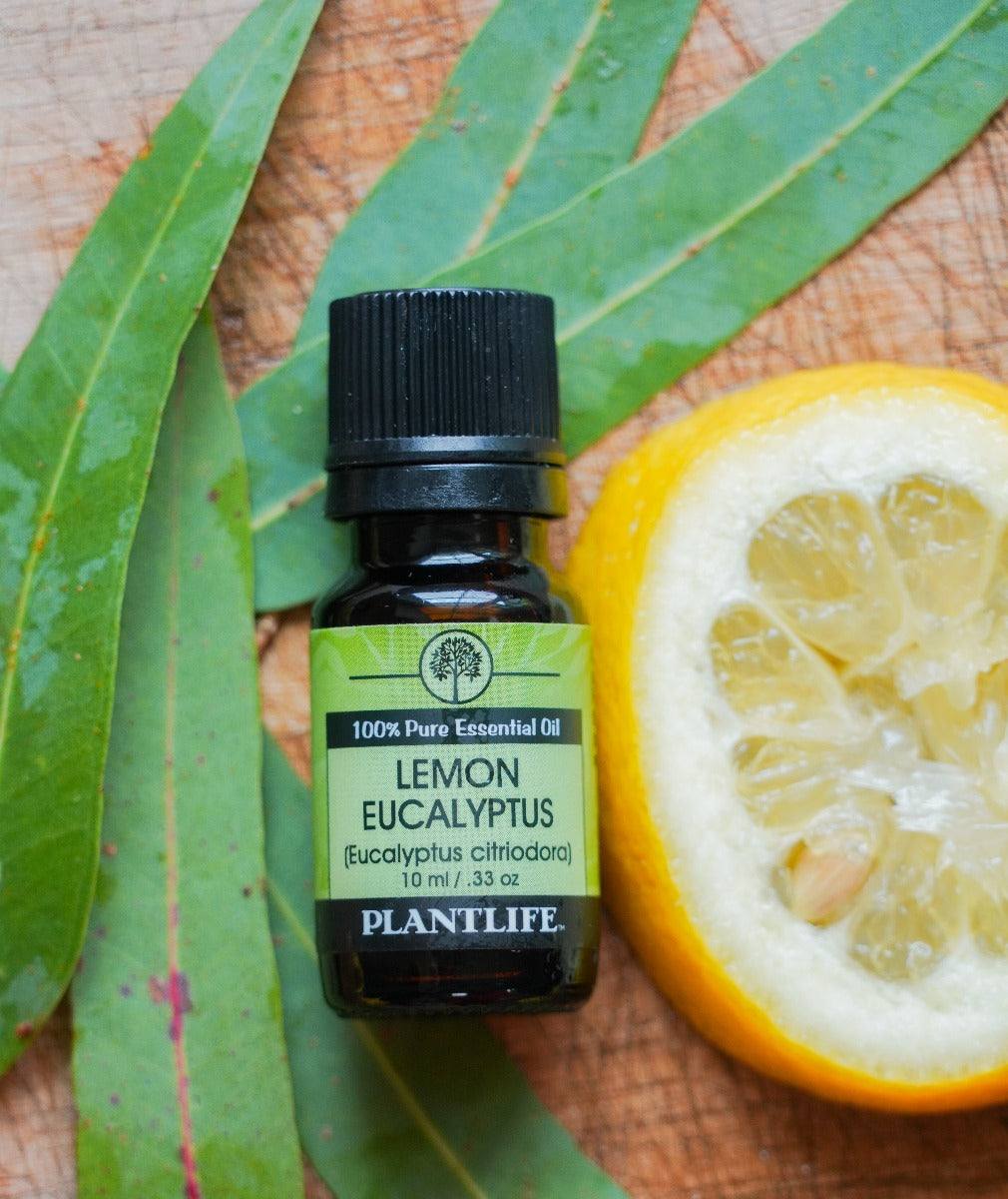 Plantlife Lemon Eucalyptus Essential Oil bottle with green label close-up