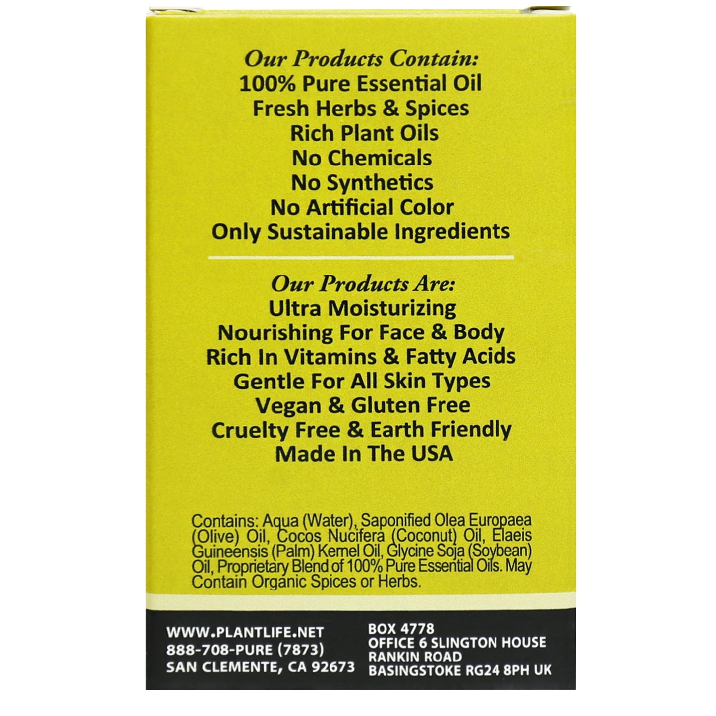 Back image of Plantlife Lemongrass Herbal Soap with label showing citrus oil and plant-based formula