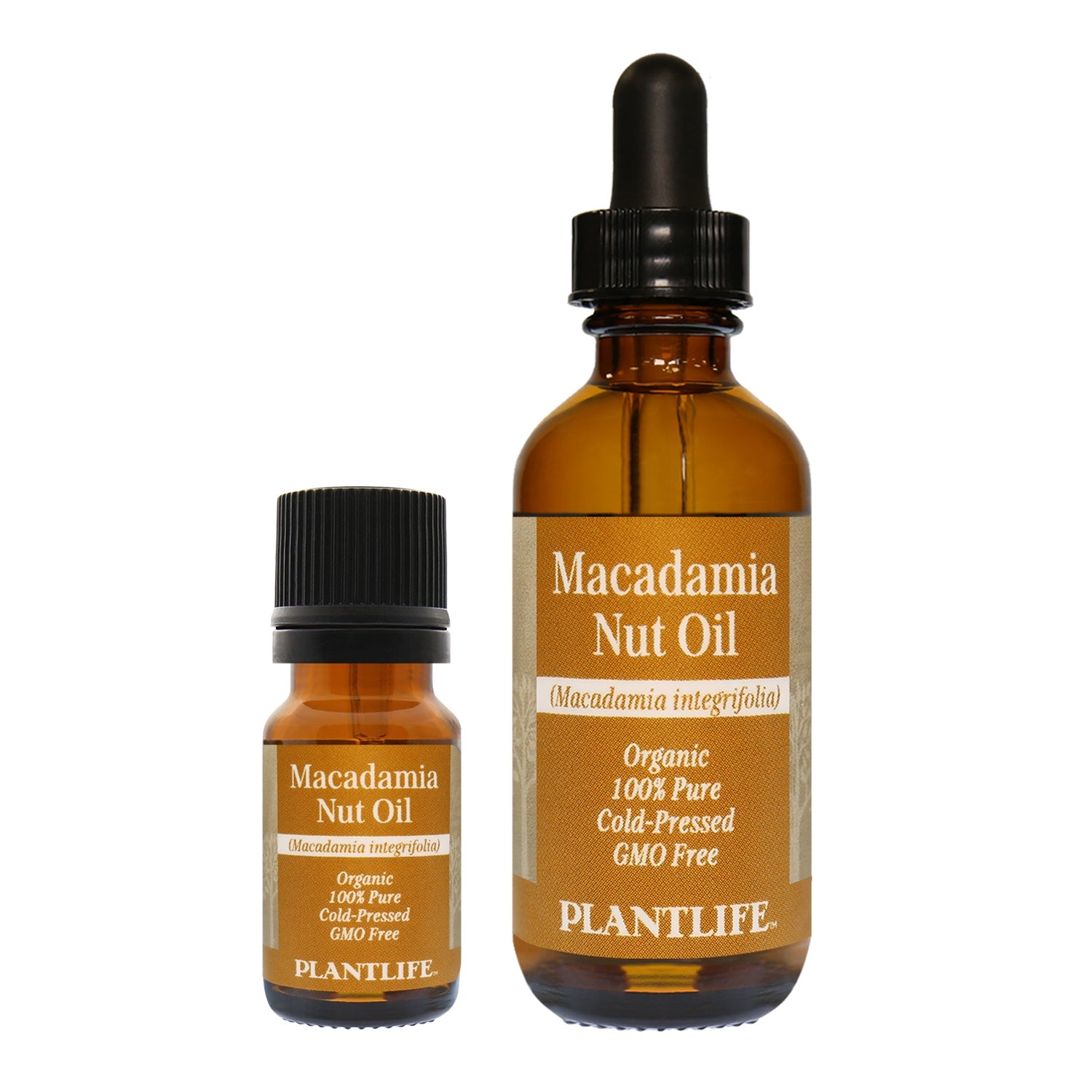 Amber glass bottle of 100% pure Macadamia Oil from Plantlife