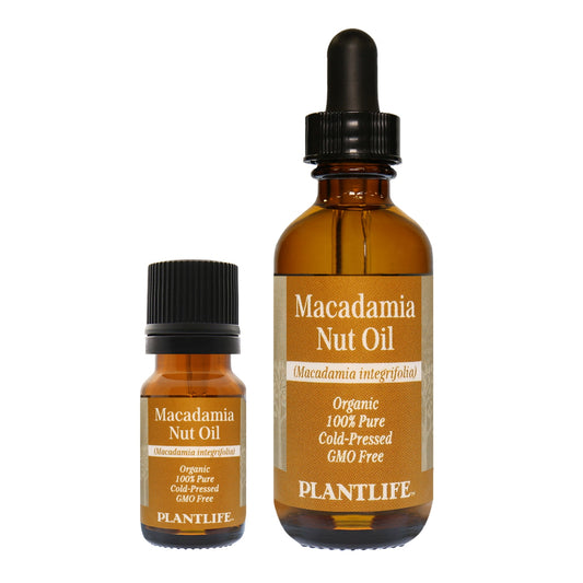 Amber glass bottle of 100% pure Macadamia Oil from Plantlife