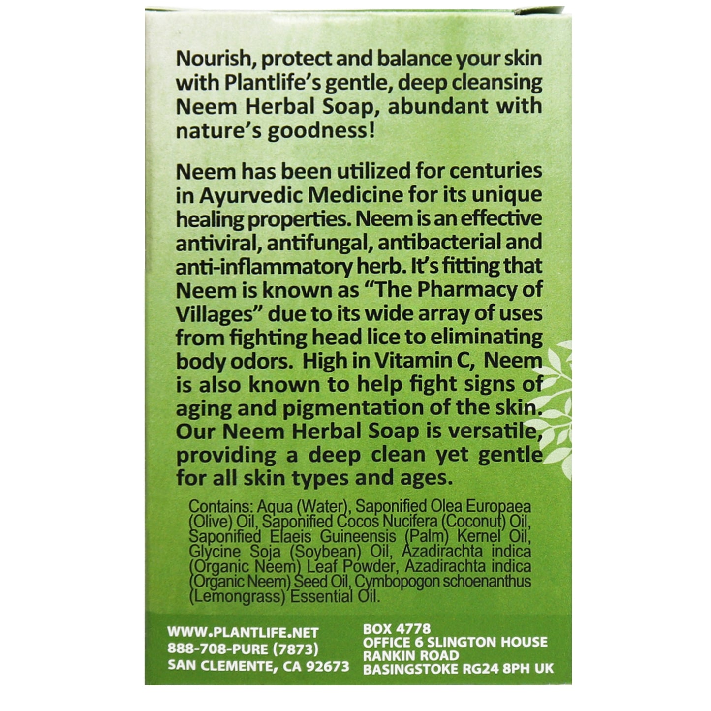 Back of Plantlife Neem Herbal Soap showing neem oil content and purifying formula details
